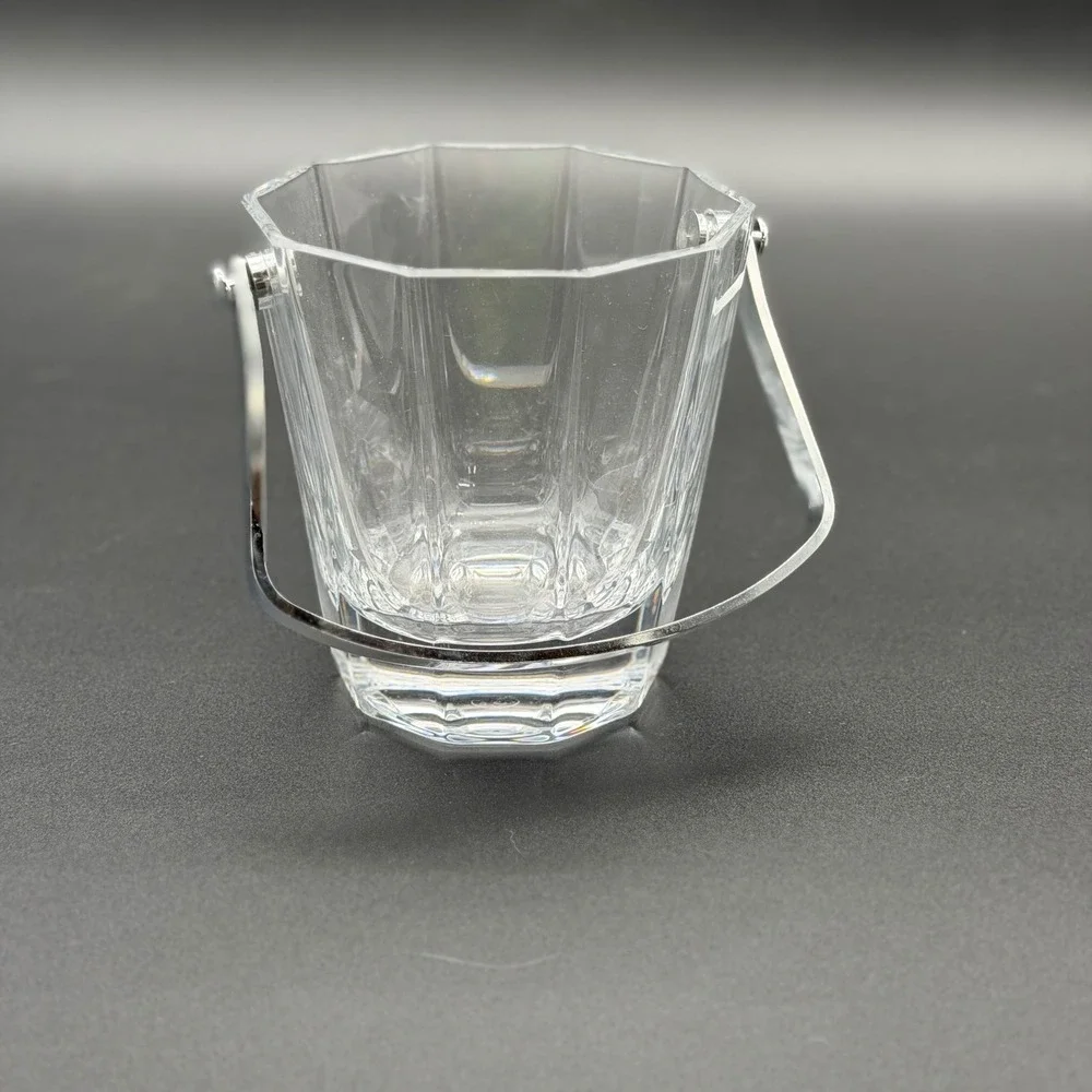 Vintage Crystal Glass Ice Bucket with Silver Swing Handle Panel Cut Barware